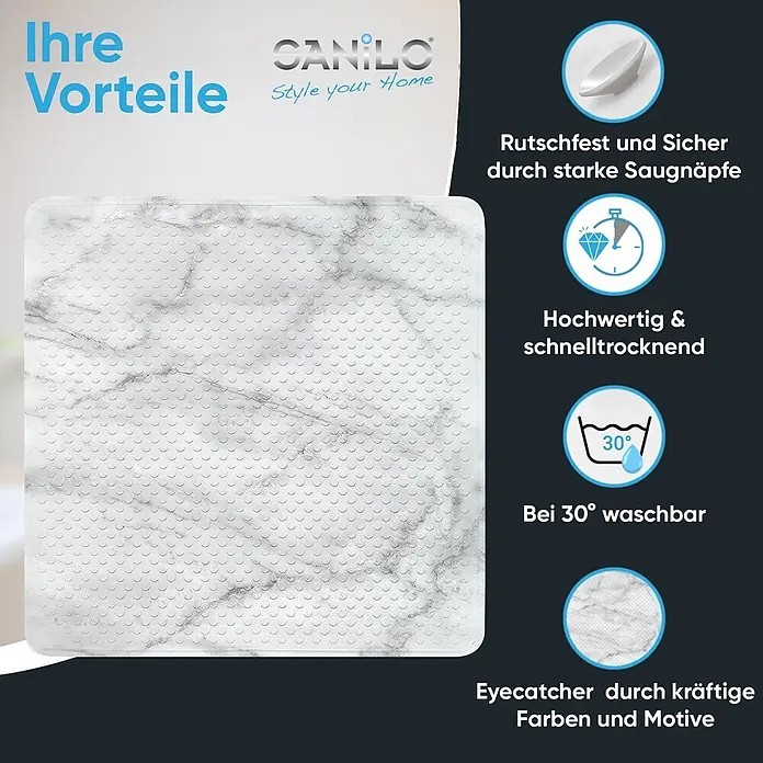 Badematte Marmor -  - Weiße Marmor-Badematte mit Saugnäpfen für rutschfesten Halt, schnelltrocknend und bei 30° waschbar.
