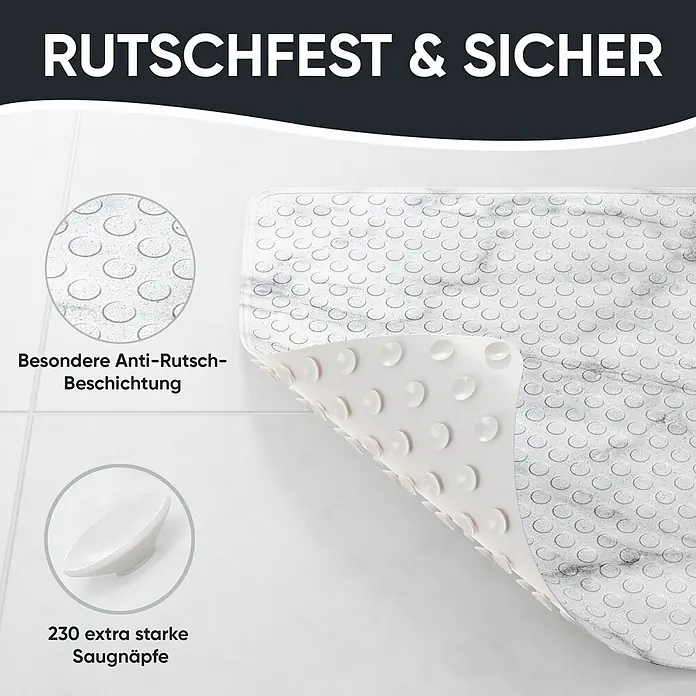 Badematte Marmor -  - Weiße Anti-Rutsch-Badematte mit strukturierter Oberfläche und Saugnäpfen auf der Unterseite für sicheren Halt.