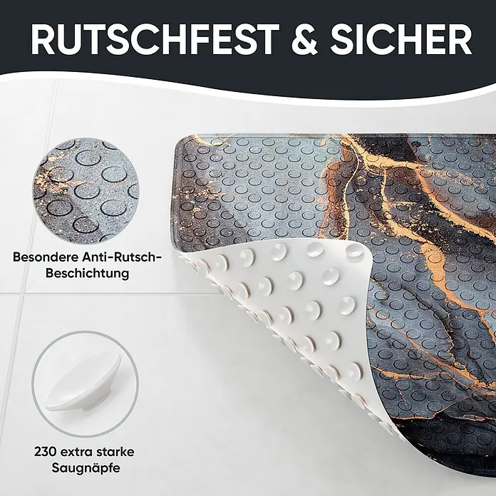Badematte Marmor Abstrakt -  - Badematte in Grau-Gold-Marmoroptik mit rutschfester Oberfläche und Saugnäpfen.