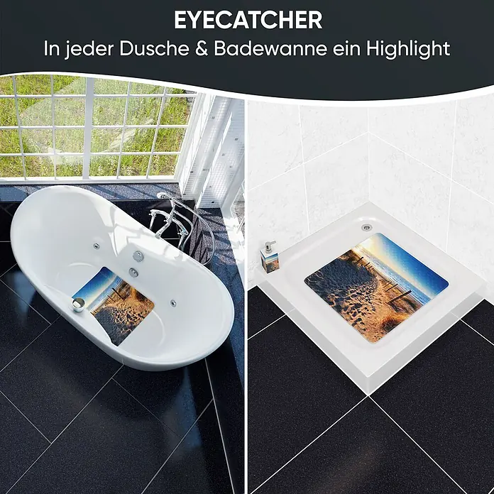 Badematte Düne -  - Farbenfrohe Badematte mit Strandlandschaftsdesign, gezeigt in einer weißen Badewanne und einer Duschwanne.