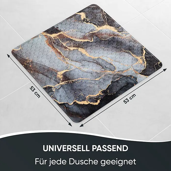Badematte Marmor Abstrakt -  - Quadratische Badematte mit schwarz-goldener Marmorierung und Saugnäpfen, 53x53 cm.
