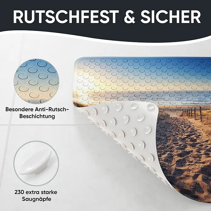 Badematte Düne -  - Rutschfeste Badewannenmatte mit Strandmotiv, zeigt strukturierte Oberfläche und starke Saugnäpfe auf der Unterseite für Sicherheit.