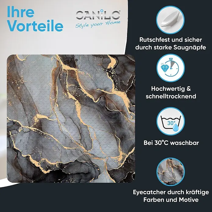 Badematte Marmor Abstrakt -  - Badematte mit schwarz-grauem Marmormuster und goldenen Akzenten. Rutschfest, schnelltrocknend, bei 30°C waschbar.