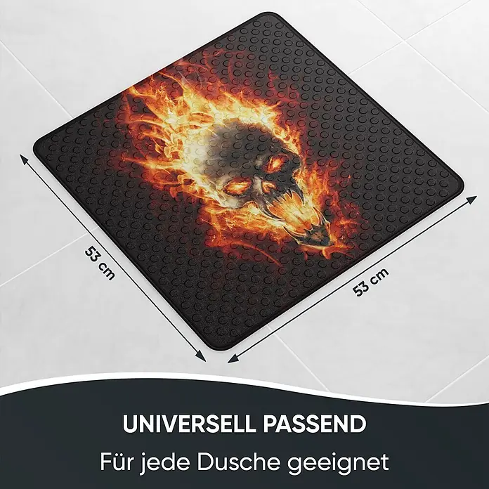Badematte Totenkopf in Flammen -  - Quadratische schwarze Duschmatte mit flammendem Totenkopfmotiv und genoppter Antirutsch-Oberfläche, 53x53 cm.