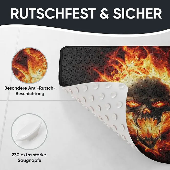 Badematte Totenkopf in Flammen -  - Rutschfeste Badewannenmatte mit Feuer-Totenkopf-Design, texturierter Oberfläche und 230 starken Saugnäpfen auf der weißen Unterseite.