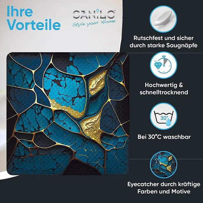 Badematte Marmor Cobalt -  - Blaue und goldene rutschfeste Badematte mit abstraktem Muster, waschbar und schnelltrocknend.