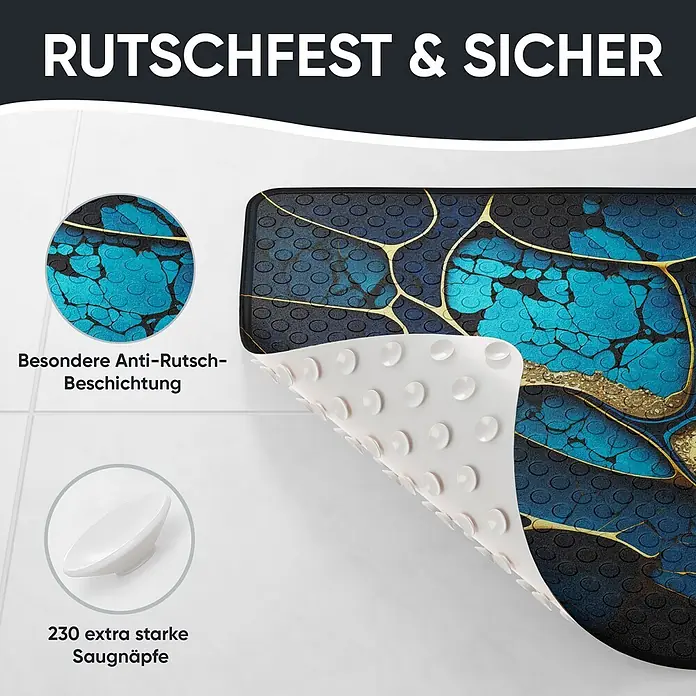 Badematte Marmor Cobalt -  - Rutschfeste Badewannenmatte in Blau-Gold-Marmoroptik mit schwarzer Textur, die ihre weiße Unterseite mit Saugnäpfen zeigt.