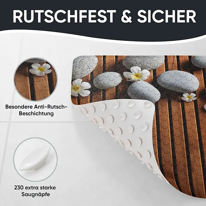 Badematte Zentara -  - Rutschfeste Badematte mit Holz-, Stein- und Blumenmuster, ausgestattet mit starken Saugnäpfen für sicheren Halt.