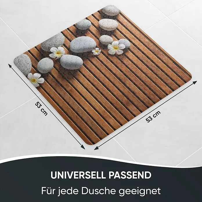 Badematte Zentara -  - Quadratische Bambus-Duschmatte (53x53 cm) mit Naturstein- und Plumeria-Blumen-Design.