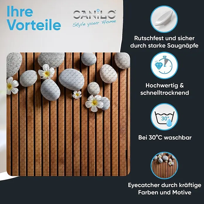 Badematte Zentara -  - Holzduschmatte aus Holz mit Kieselsteinen und Blüten, rutschfest und waschbar.