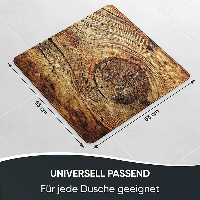 Badematte Rustikal -  - Quadratische Duschmatte (53x53 cm) mit Holzmaserung, Baumringen und Anti-Rutsch-Noppen.