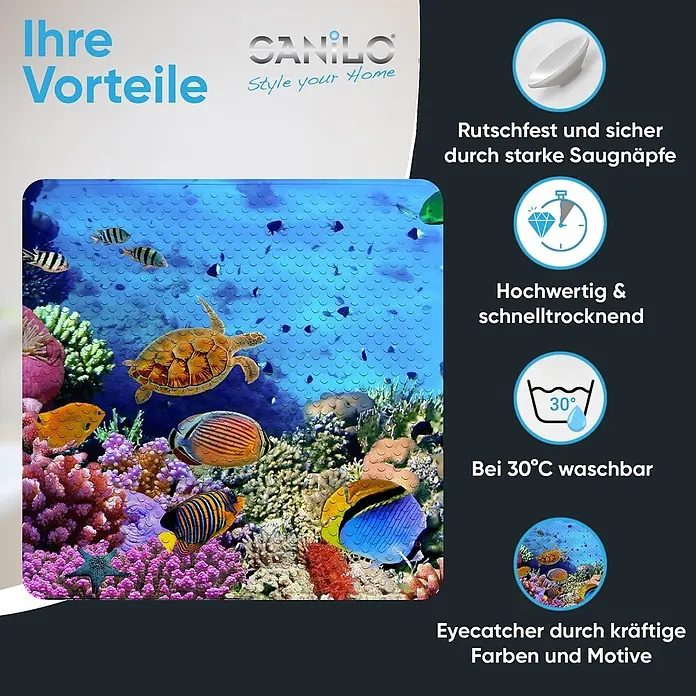 Badematte Ocean -  - Rutschfeste Badematte mit lebhaftem Unterwasser-Riffdesign und Saugnäpfen.
