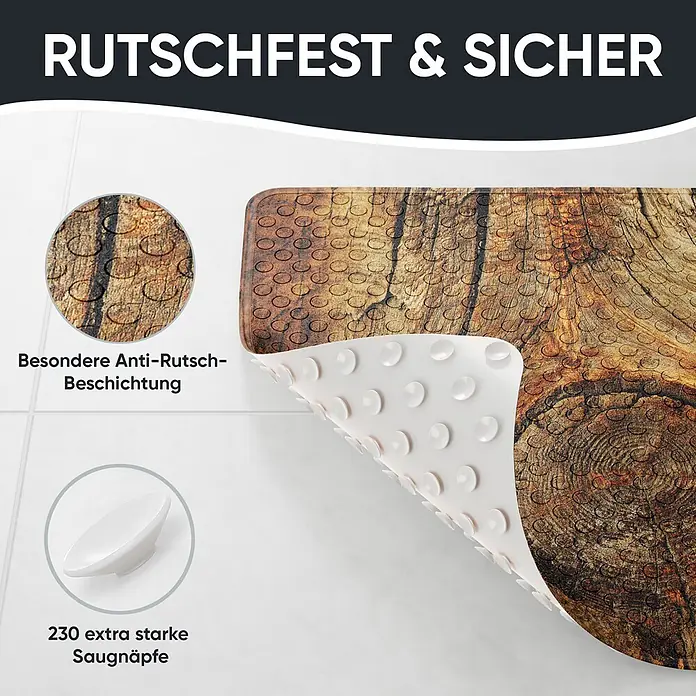 Badematte Rustikal -  - Eine rutschfeste Badematte mit Holzmaserung und Saugnäpfen auf der Unterseite.