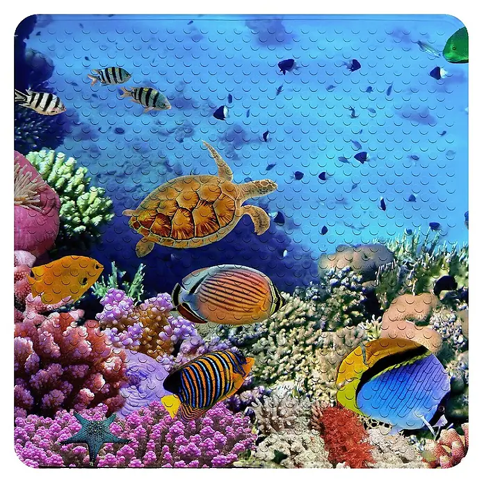 Badematte Ocean -  - Rutschfeste Matte mit Unterwasserwelt aus Schildkröte, bunten Fischen und Korallen, mit strukturierter Oberfläche.