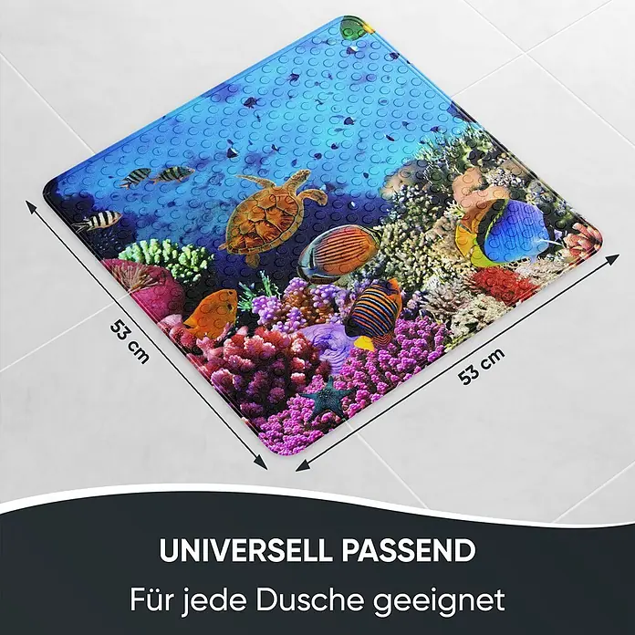 Badematte Ocean -  - Quadratische blaue Badematte mit farbigem Unterwasser-Riff-Design, Fischen, Schildkröte und Saugnäpfen. Misst 53x53 cm.