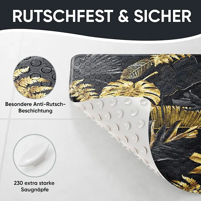 Badematte Golden Leaves -  - Schwarze Badematte mit goldenem Blattdesign, rutschfester Oberfläche und starken Saugnäpfen auf der Unterseite für sicheren Halt.