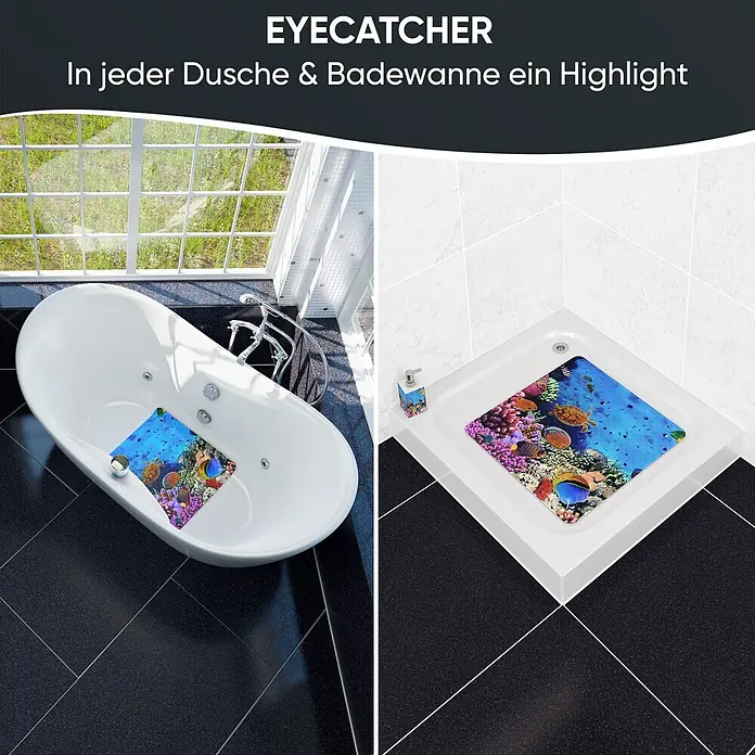 Badematte Ocean -  - Bunte Badematte mit lebhaftem Korallenriff-, Fisch- und Meeresschildkrötenmotiv, in einer weißen Badewanne und Duschkabine.