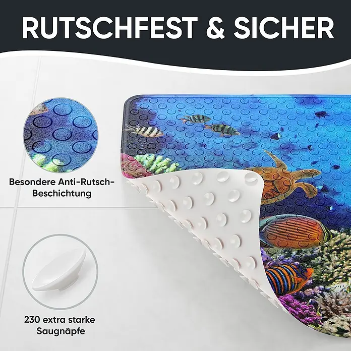 Badematte Ocean -  - Rutschfeste Badematte mit farbenfrohem Meeresdesign, vielen Saugnäpfen und spezieller Anti-Rutsch-Beschichtung.