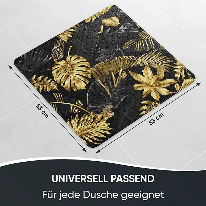 Badematte Golden Leaves -  - Quadratische schwarze Duschmatte mit goldenen Tropenblattmuster und Antirutsch-Noppen, 53x53 cm.