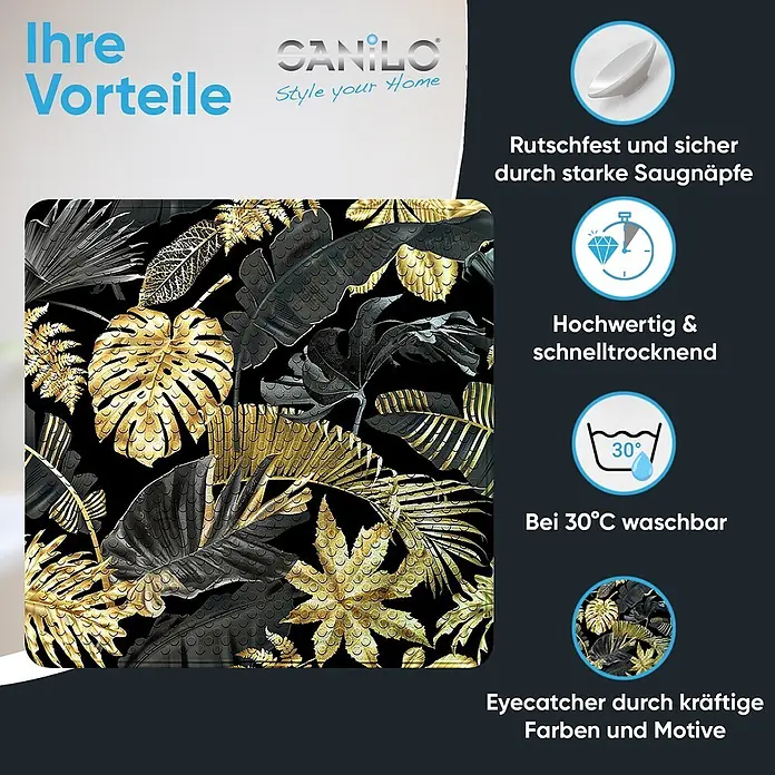 Badematte Golden Leaves -  - Rutschfeste Badematte mit schwarzem und goldenem Tropenblattmuster, waschbar bei 30°C und schnelltrocknend.