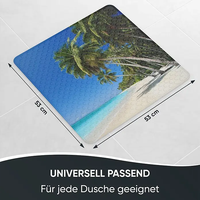 Badematte Karibik -  - Quadratische Duschmatte, 53x53 cm, mit lebhaftem tropischem Strandmotiv und strukturierter Oberfläche.