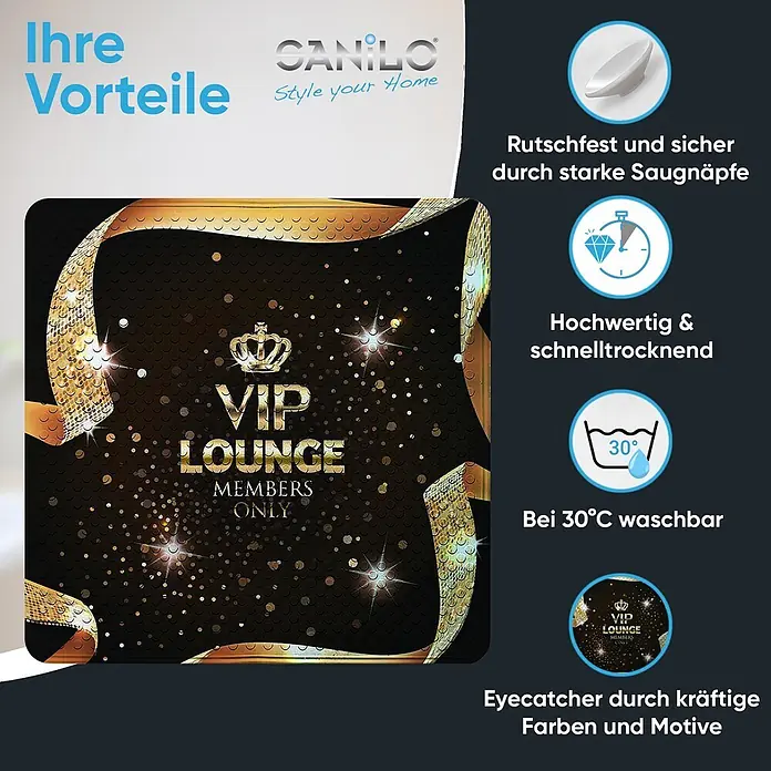 Badematte VIP Lounge -  - Schwarze Badematte mit goldenem VIP Lounge Design, rutschfest & waschbar bei 30°C.