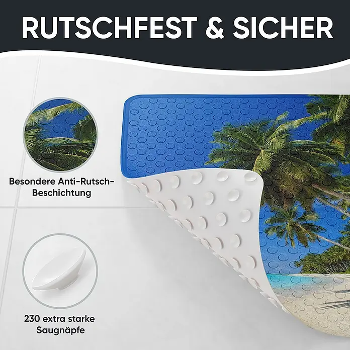 Badematte Karibik -  - Blaue Antirutsch-Badematte mit tropischem Stranddesign, ihre Unterseite mit weißen Saugnäpfen ist sichtbar.