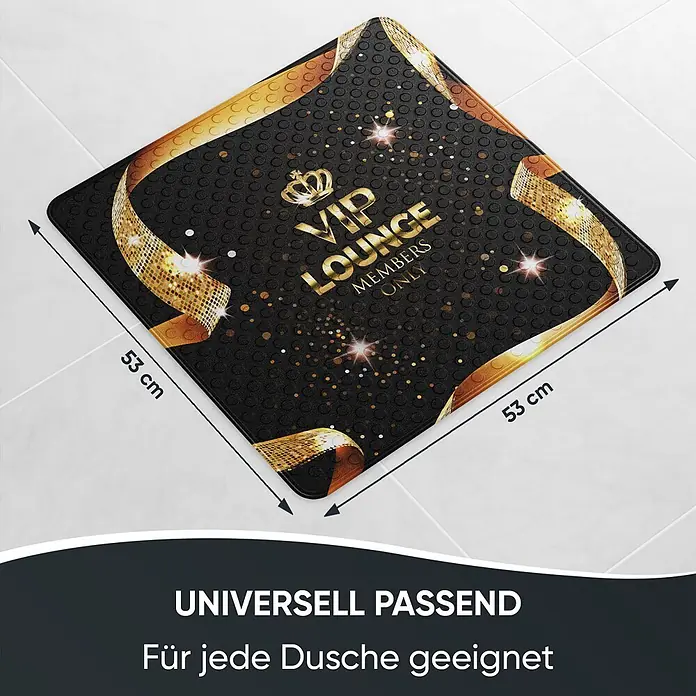 Badematte VIP Lounge -  - Schwarze quadratische Antirutsch-Duschmatte, 53x53 cm, mit goldenem 'VIP LOUNGE' Design und Glitzer.