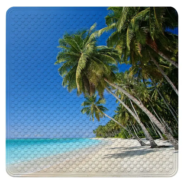 Badematte Karibik -  - Texturierte Matte mit lebhafter tropischer Strandszene: Palmen, blauer Himmel, türkises Wasser und weißer Sand.