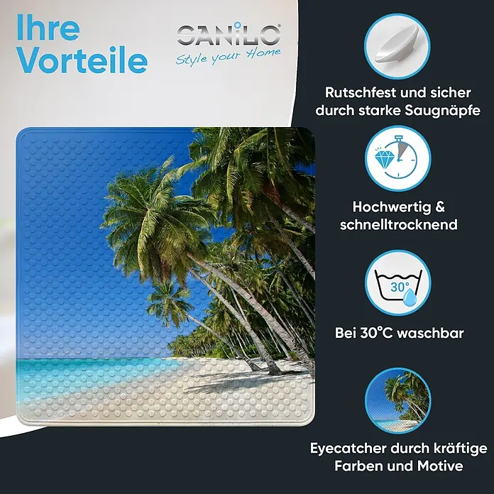Badematte Karibik -  - Rutschfeste Duschmatte mit lebhaftem tropischem Strandmotiv, Palmen, Meer und strukturierter Oberfläche.