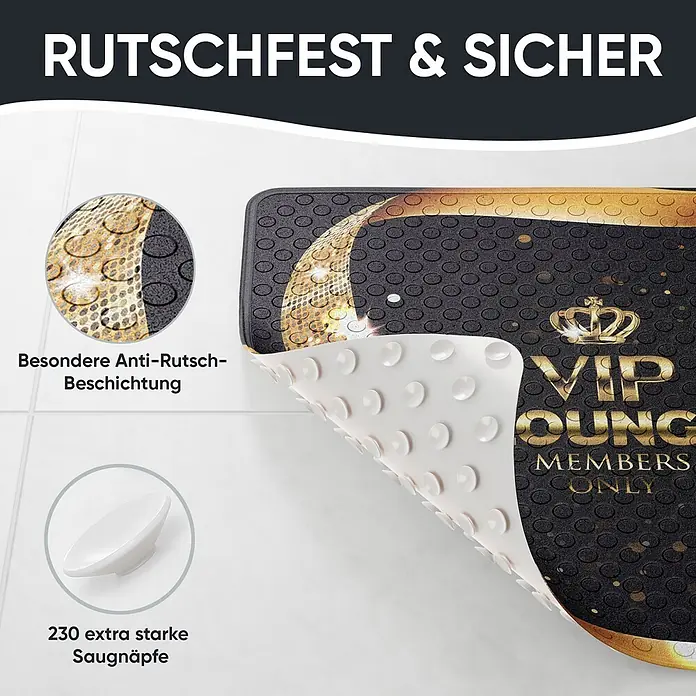 Badematte VIP Lounge -  - Schwarze Badematte mit goldenem VIP-Design, rutschfester Oberfläche und 230 starken Saugnäpfen für sicheren Halt.