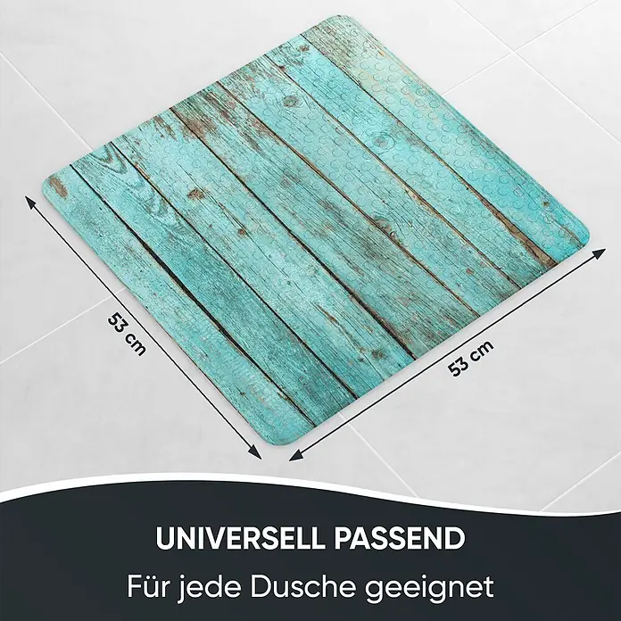Badematte Lumber -  - Quadratische blau-grüne Duschmatte in Used-Holzoptik, 53x53 cm.