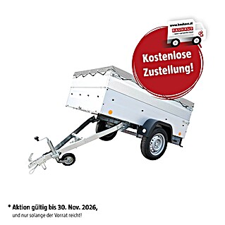 Anhänger Tieflader KD-EU2 SET mit Aufsatzwände + Flachplane (Nutzlast: 634 kg, Kasteninnenmaß: 202 x 107,5 x 34,5 cm, Ungebremst)