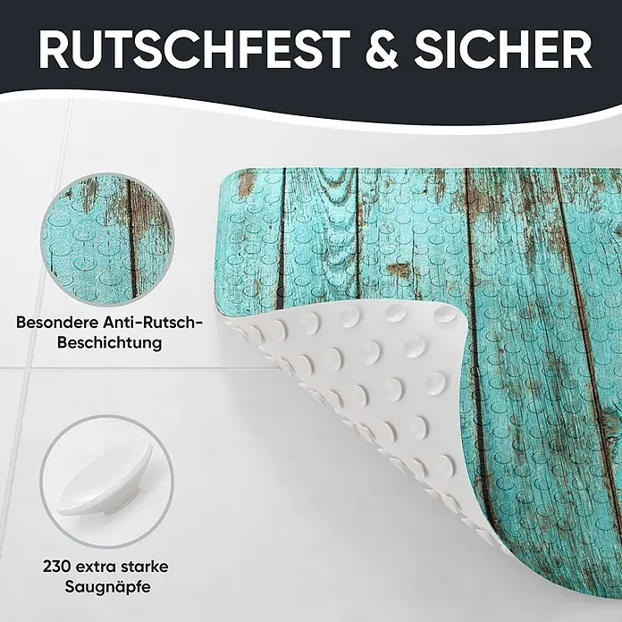 Badematte Lumber -  - Rutschfeste Badematte in Türkis mit Holzmaserung, Unterseite zeigt 230 starke weiße Saugnäpfe.