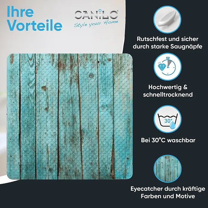 Badematte Lumber -  - Tealfarbene Badematte in Used-Holzoptik mit strukturierter Oberfläche und Saugnäpfen.