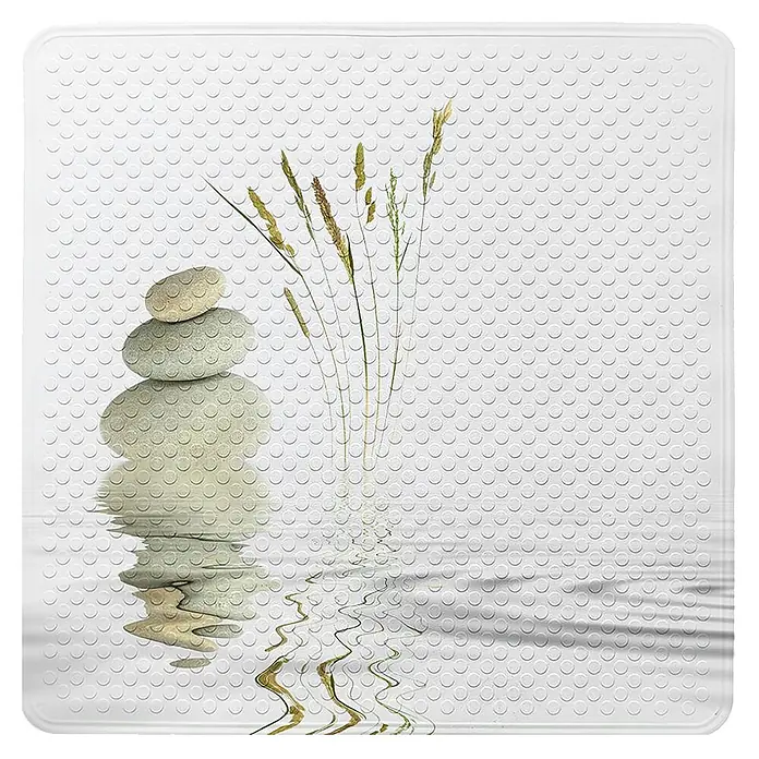Badematte Balance -  - Weiße texturierte Matte mit Zen-Design aus gestapelten Steinen, trockenem Gras und Wasserspiegelung.