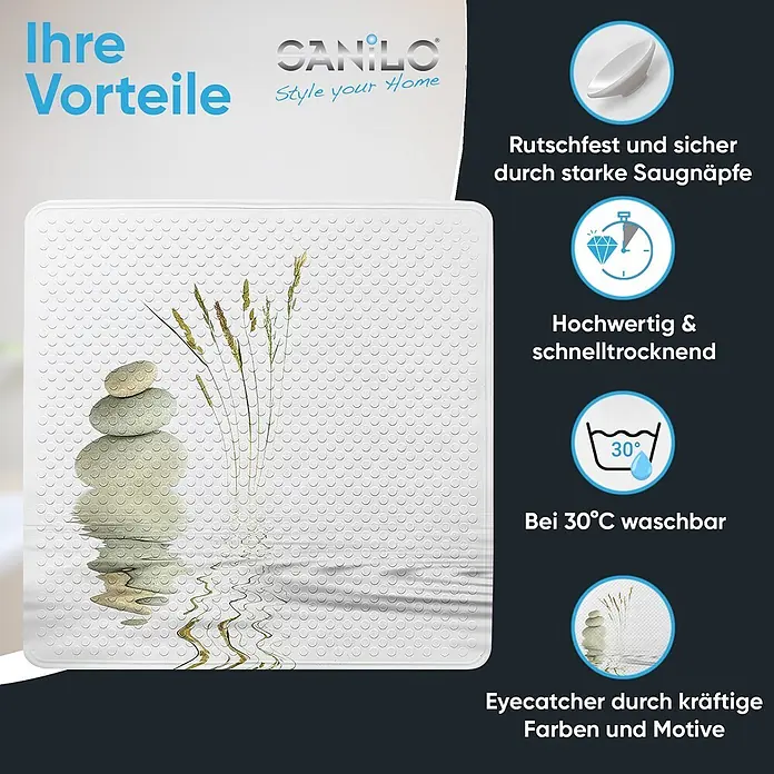 Badematte Balance -  - Weiße, texturierte Badematte mit Steinen und Schilfmotiv. Rutschfest, schnelltrocknend, bei 30°C waschbar und ansprechendes Design.