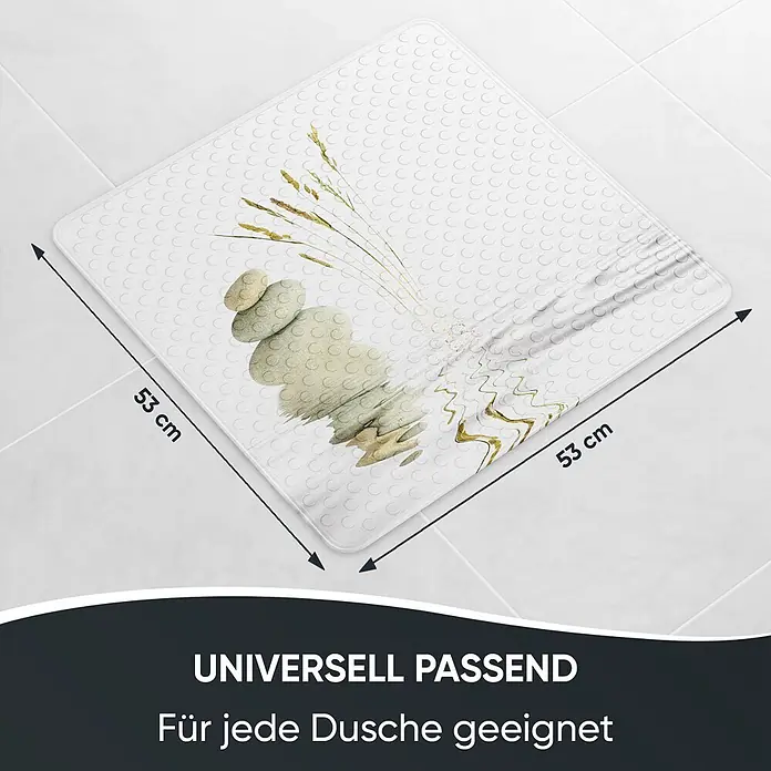Badematte Balance -  - Weißer quadratischer Duschmatte, 53x53 cm, mit Zen-Druck aus Steinen und Gräsern. Rutschfeste Oberfläche.