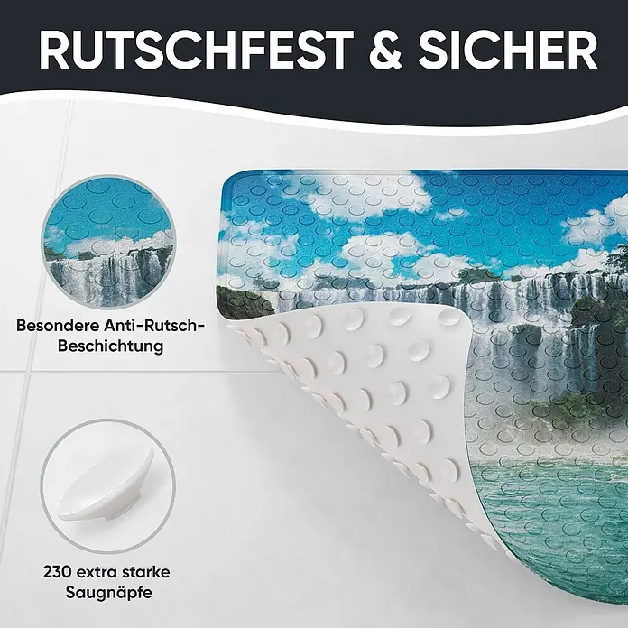 Badematte Wasserfall -  - Rutschfeste Badewannenmatte mit Wasserfall-Motiv, spezieller Anti-Rutsch-Beschichtung und starken Saugnäpfen auf der weißen Unterseite.