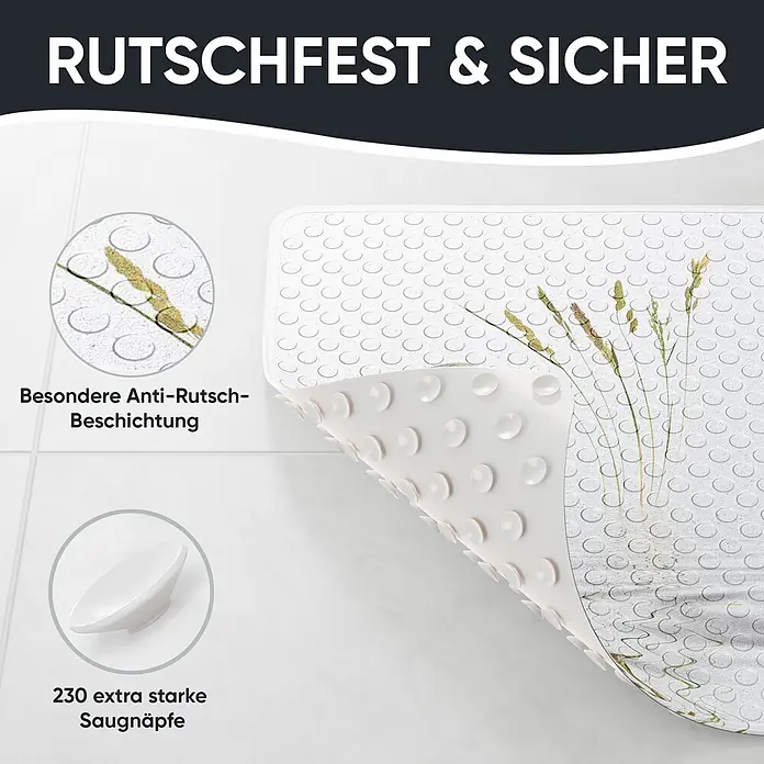 Badematte Balance -  - Weiße Badematte mit rutschfester Texturoberfläche und starken Saugnäpfen auf der Unterseite, teilweise angehoben gezeigt.