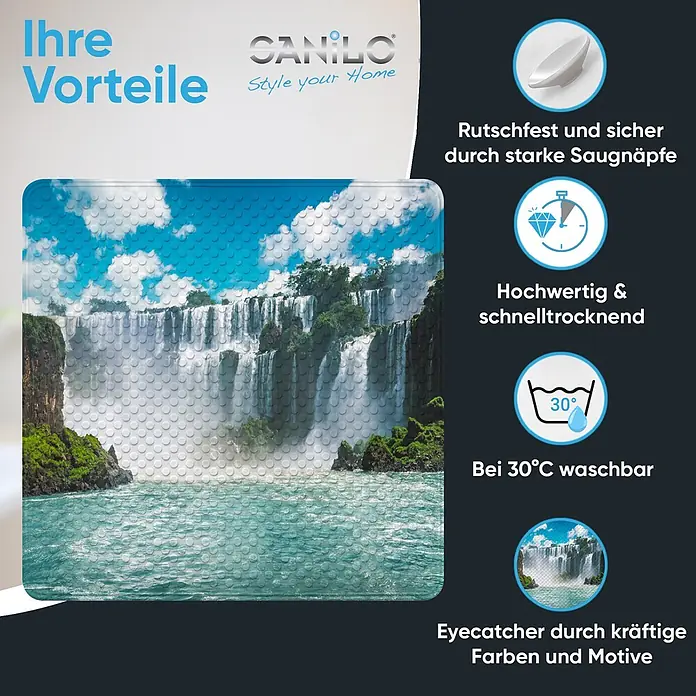 Badematte Wasserfall -  - Dekorative Badematte mit lebhaftem Wasserfall-Motiv, rutschfest und schnelltrocknend für Badsicherheit und Stil.