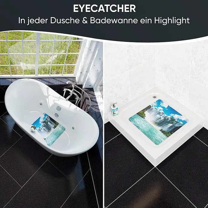 Badematte Wasserfall -  - Bad- und Duschmatte mit Wasserfalldesign in einer Badewanne und einer Duschwanne.