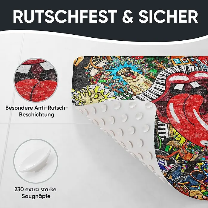 Badematte Graffiti -  - Eine bunte Badematte mit Anti-Rutsch-Beschichtung und Saugnäpfen für sicheren Halt.