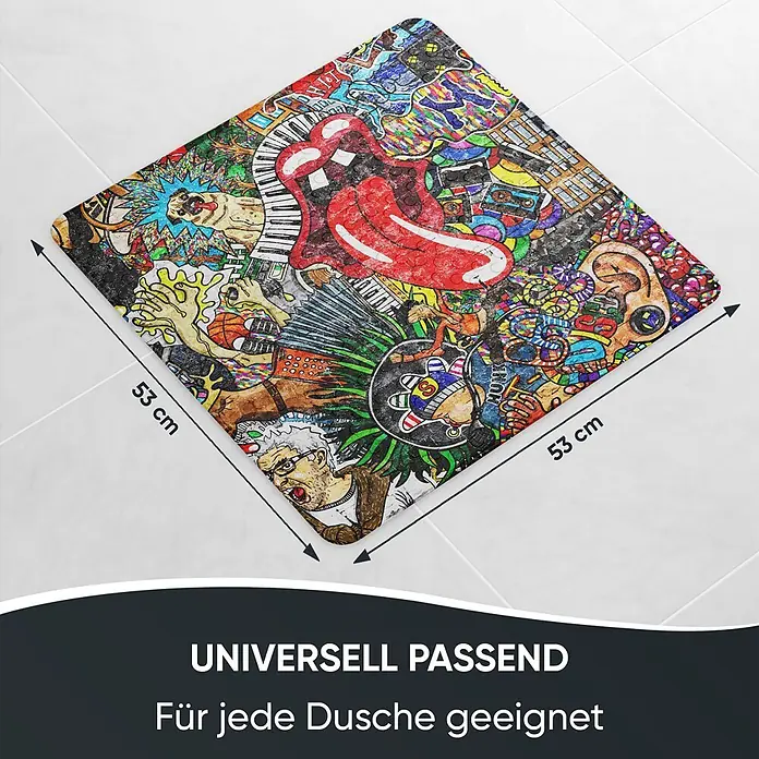 Badematte Graffiti -  - Quadratische Duschmatte mit buntem Graffiti-Design, 53x53 cm, passend für jede Dusche.