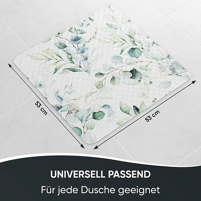 Badematte Eukalyptus -  - Quadratische Anti-Rutsch-Duschmatte mit botanischem Eukalyptus-Blattmuster, 53x53 cm, universell für Duschen geeignet.