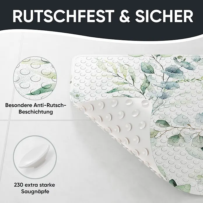 Badematte Eukalyptus -  - Botanische Anti-Rutsch-Badematte mit strukturierter Oberfläche und starken Saugnäpfen auf der Unterseite für sicheren Halt.
