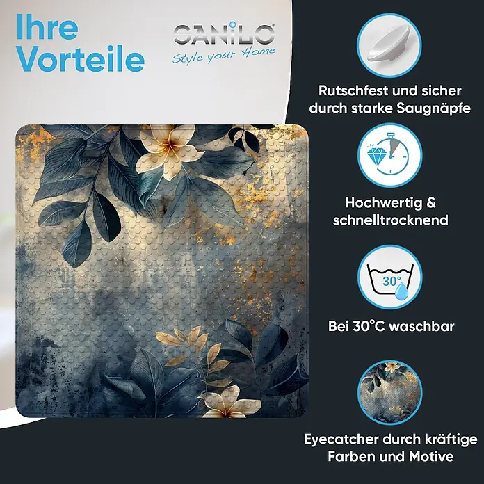Badematte Lilybud -  - Dekorative Badematte mit blau-goldenem Blumenmuster, rutschfest, bei 30°C waschbar und schnelltrocknend.