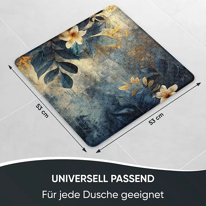 Badematte Lilybud -  - Quadratische Duschmatte mit floralem Design in Blau und Gold, 53x53 cm. Universal passend für Duschen.
