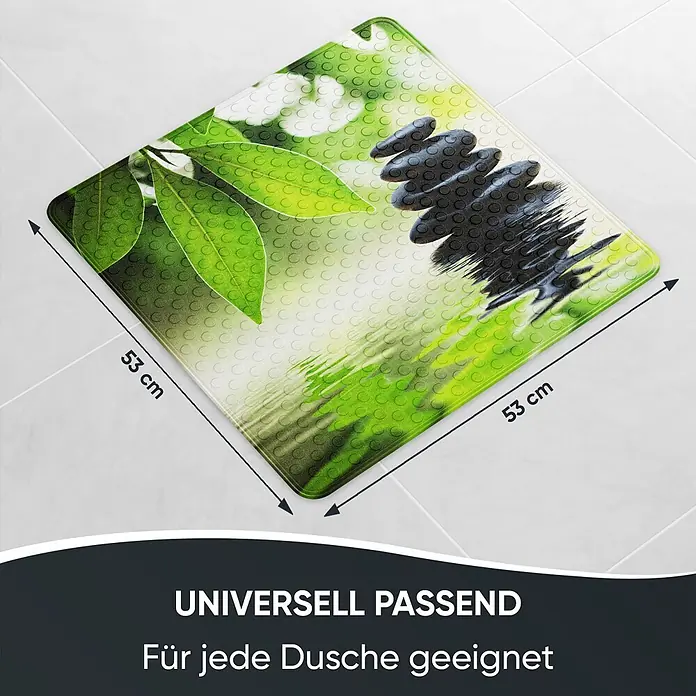 Badematte Harmony -  - Quadratische Duschmatte (53x53 cm) mit grünem Blatt- und schwarzen Steinmotiv, strukturierter Oberfläche.