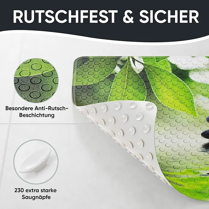 Badematte Harmony -  - Grüne Badematte mit Blattmuster, zeigt rutschfeste Beschichtung und starke Saugnäpfe auf der Unterseite für sicheren Halt.